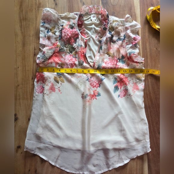 2/30$ Autres Filles Floral Chiffon Blouse Pink & Cream Ruffle Sleeves Top,Size S - Picture 10 of 12